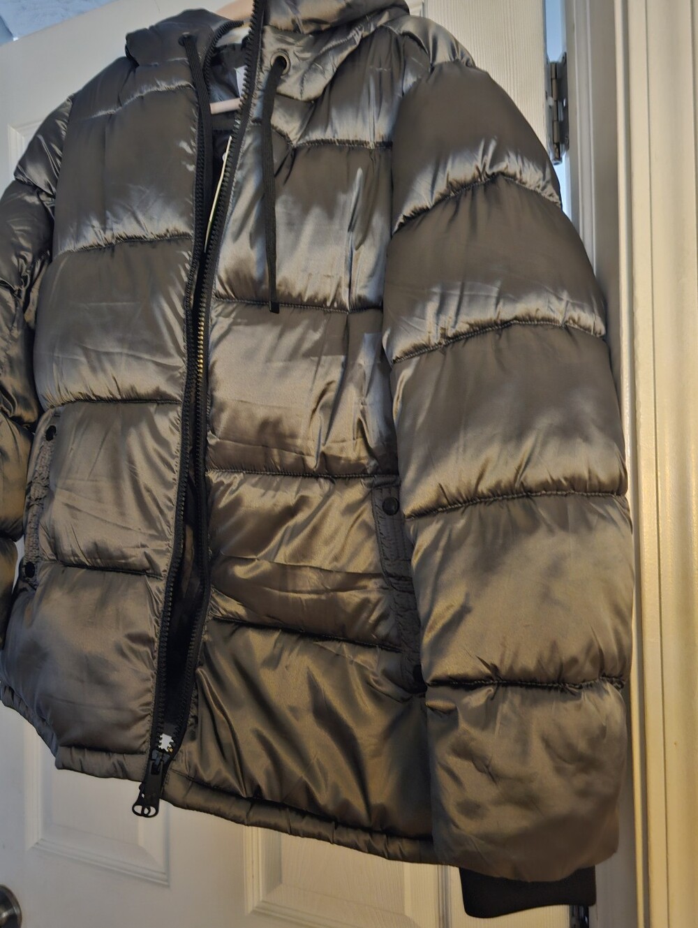 Womens Metallic Gray/Loden Puffer Jacket with Hood